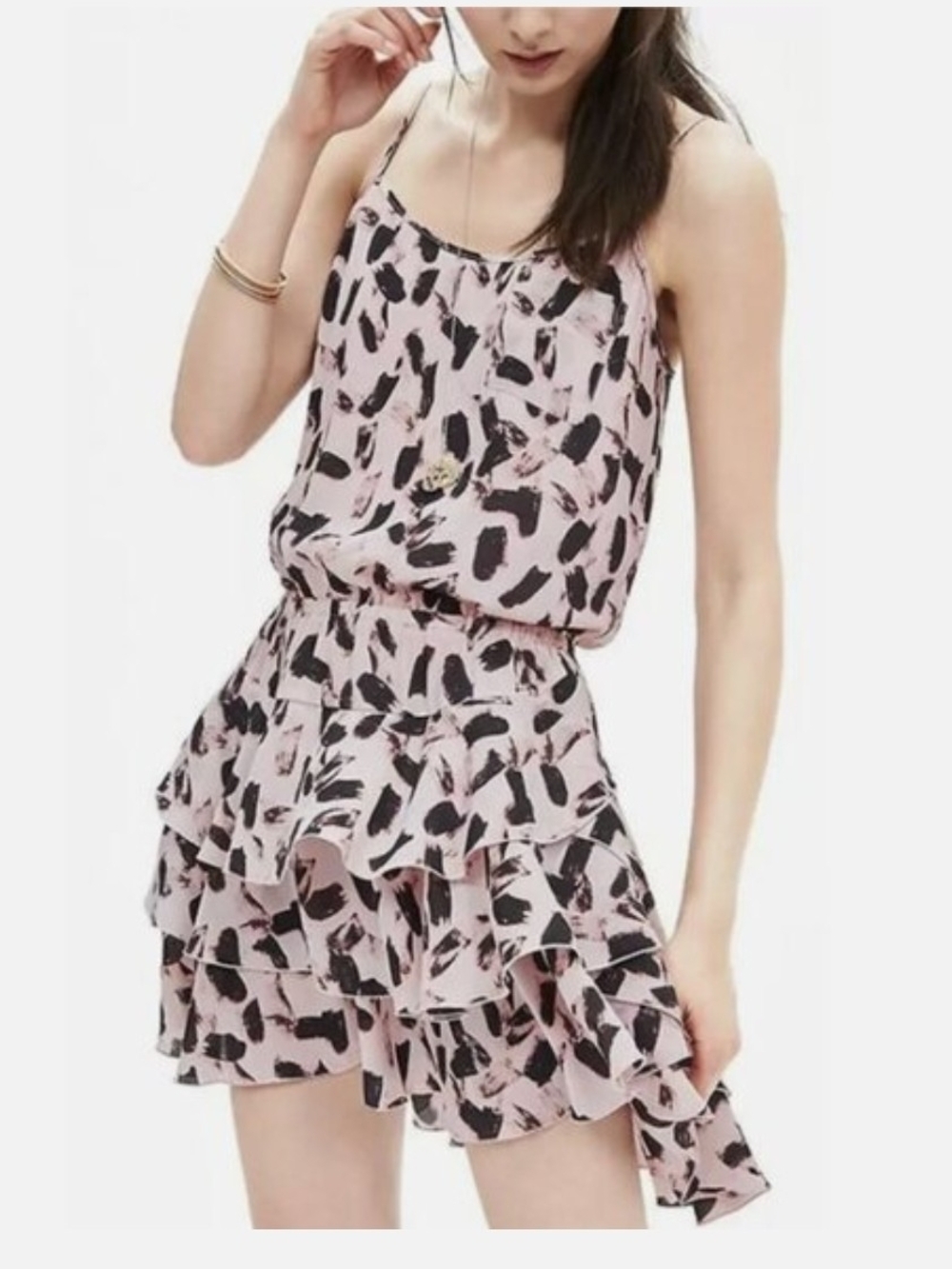 Banana Republic Pink and Black Ruffle Tiered Midi Dress